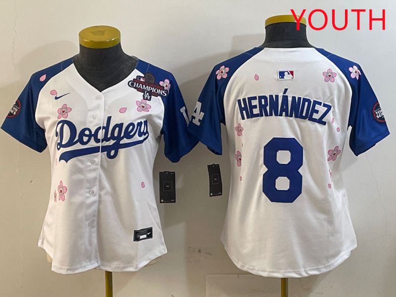 Youth Los Angeles Dodgers #8 Hernandez White Blue Sakura Edition 2025 Nike MLB Jersey style 2